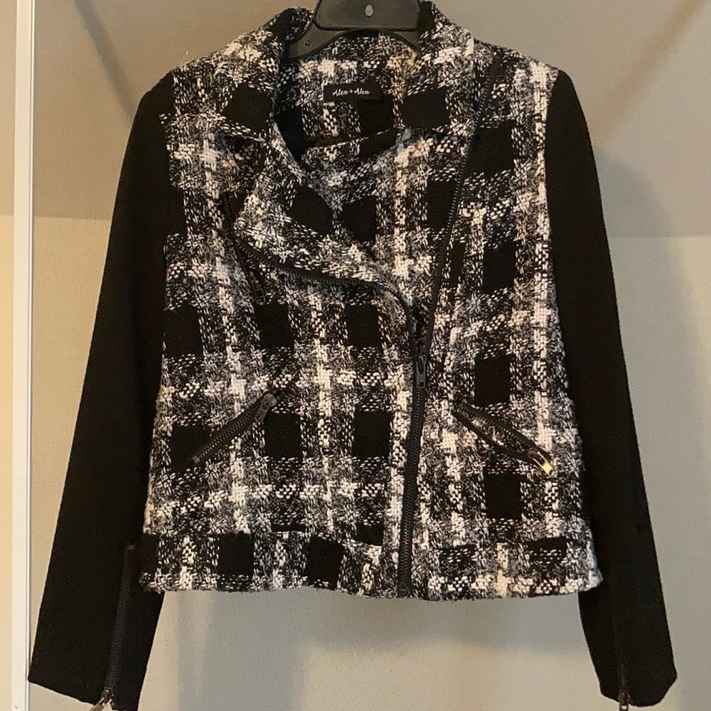 Alex + Alex Black & White Plaid Tweed Moto Jacket